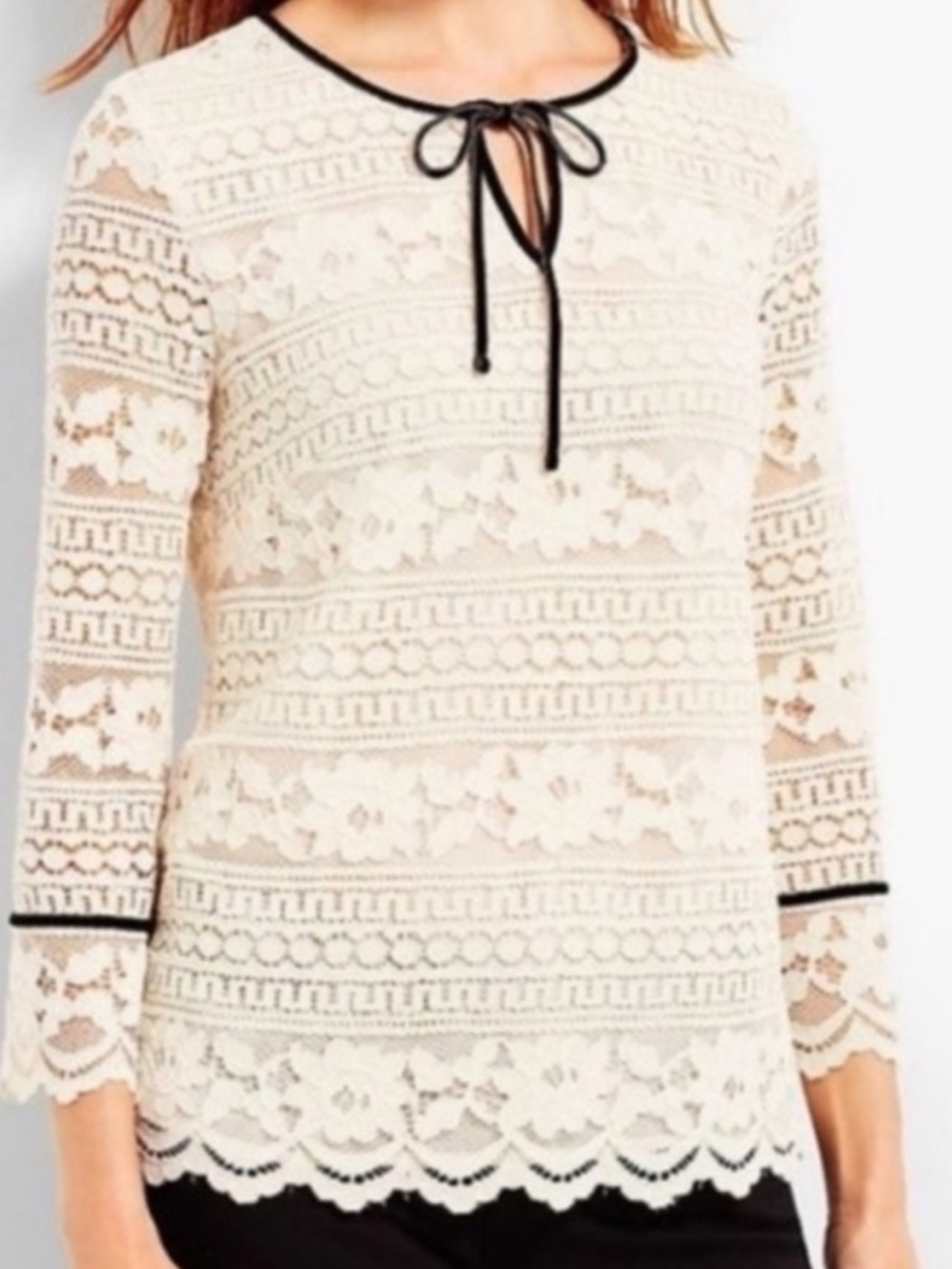 New Talbots petites size XLp Cream Lace Blouse with Black Tie Detail